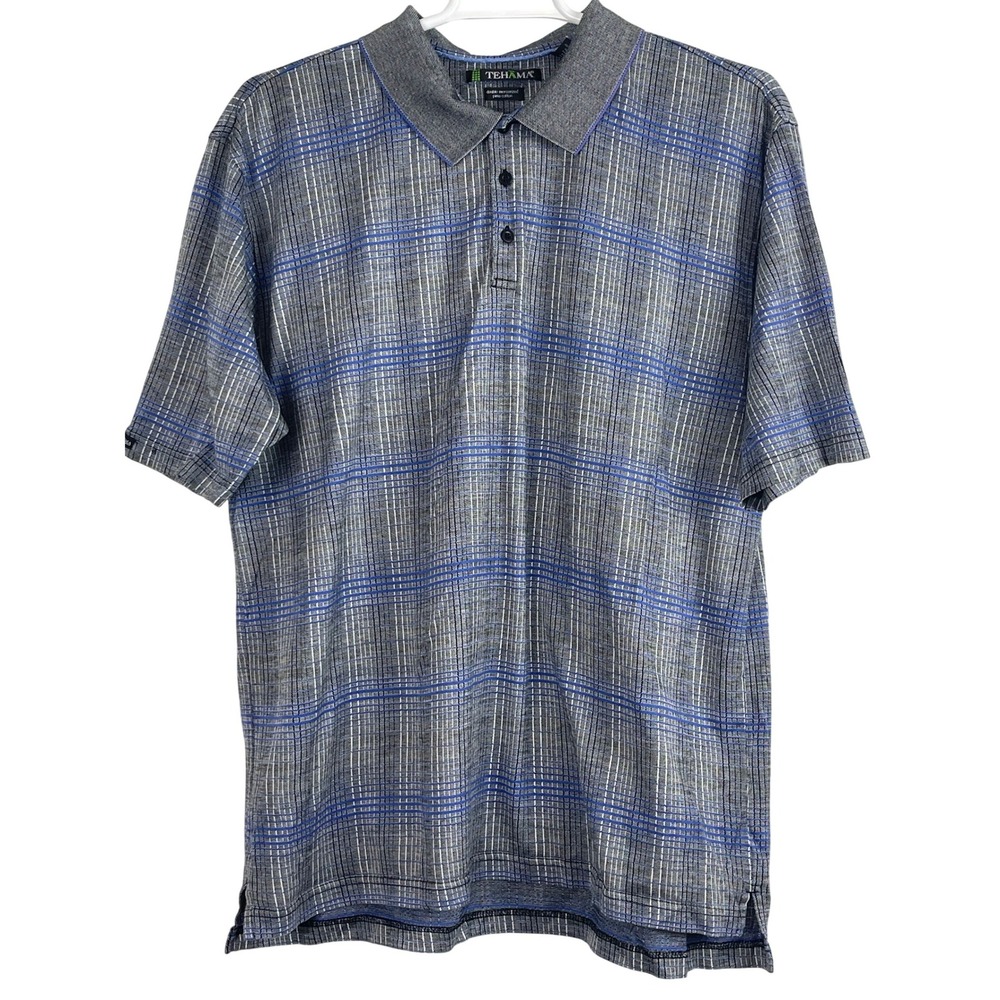00754 TEHAMA Mens Double Mercerized Pima Cotton‎ Plaid Polo Shirt XXL Blue Gray